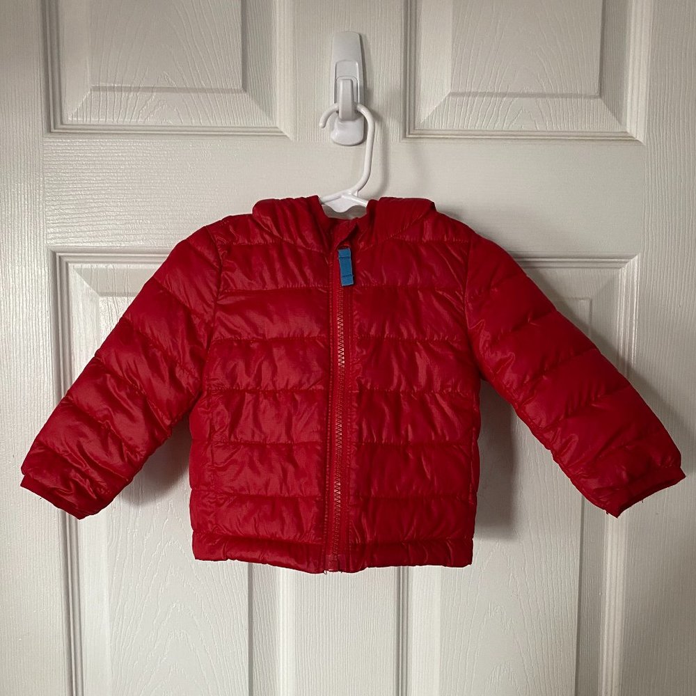 Primary puffer coat with hood, red, 6-12 mo